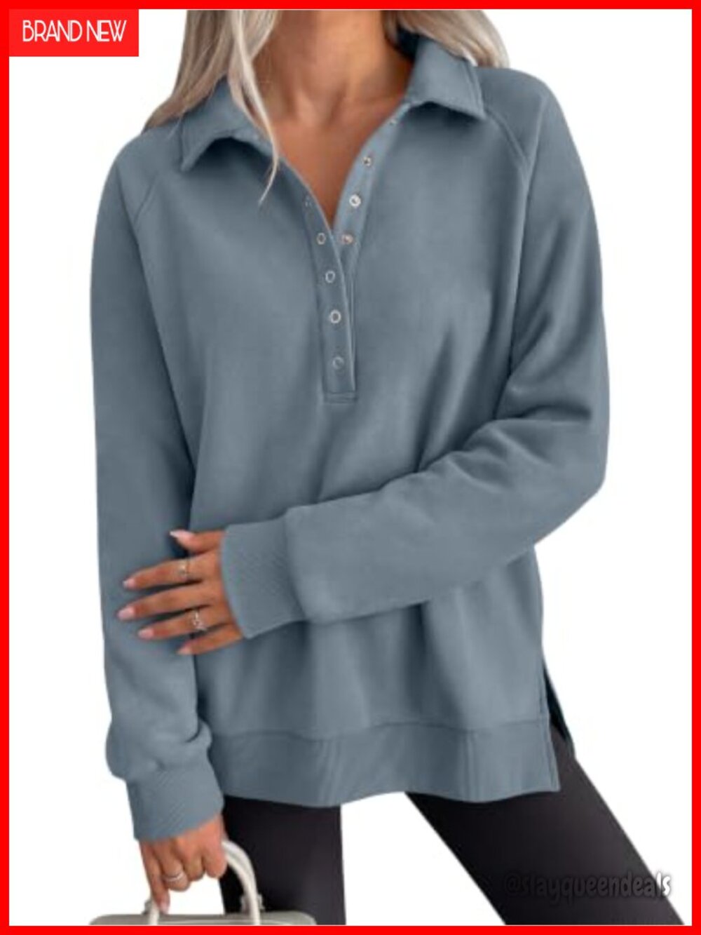 Oversized Button Up Henley Sweatshirt Fleece Lined Half Button Pullover